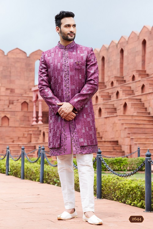 Men's Purple Computer Thread Work Art Silk Sherwani Set