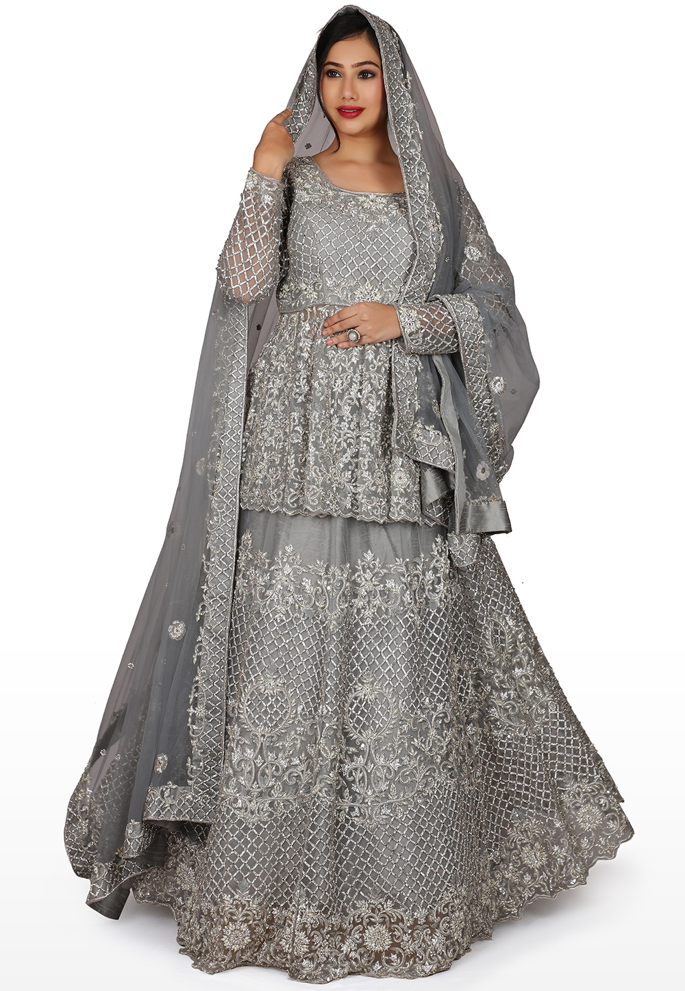 Grey Net in Hand Embroidered Lehenga