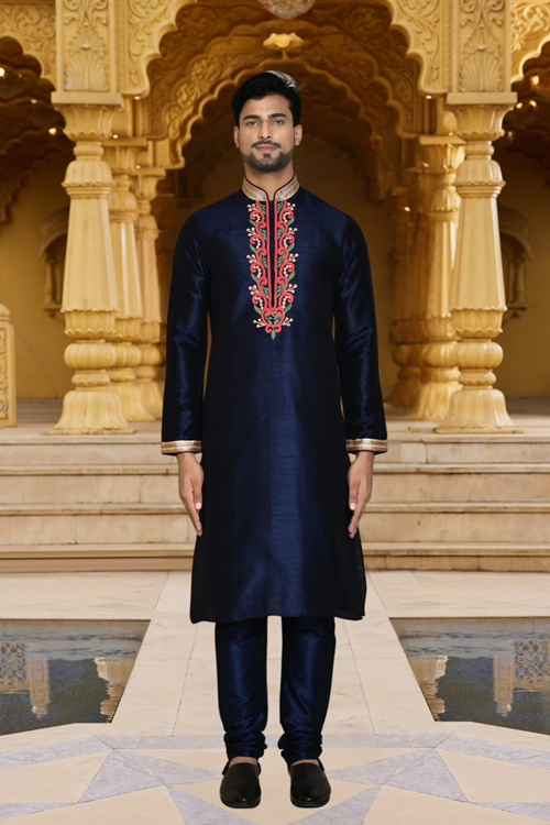 Men's Blue Embroidered Kurta Churidar