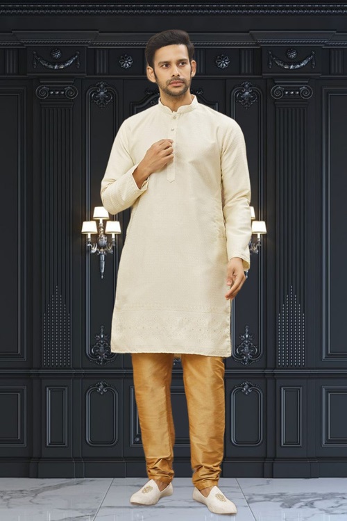 MEN'S CREAM WOVEN KURTA PAJAMA