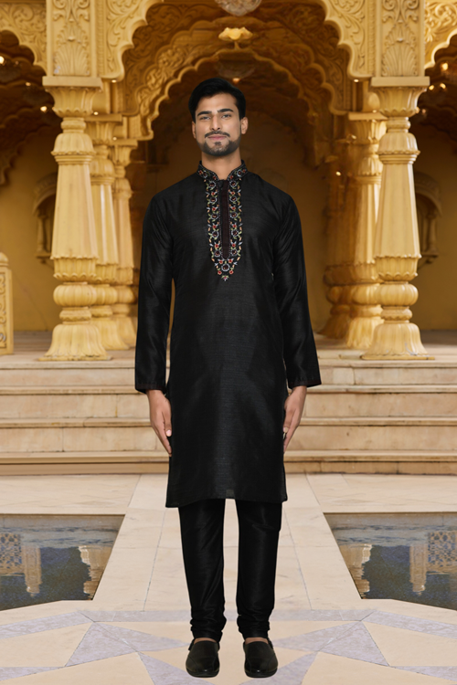 Men's Black Woven Kurta Churidar