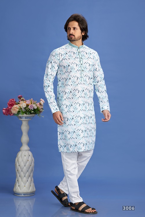 Men's Multi-Colored Blue Pintux Straight Kurta