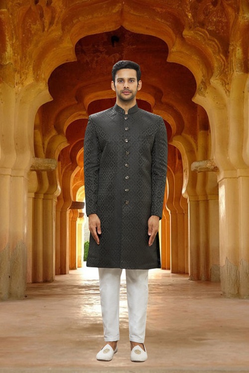 MEN'S BLACK WOVEN SHERWANI