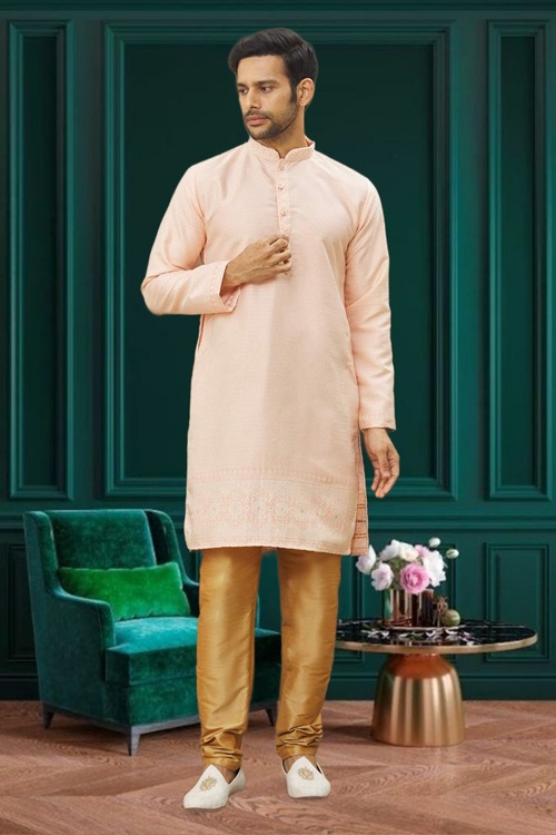 MEN'S PEACH WOVEN KURTA PAJAMA