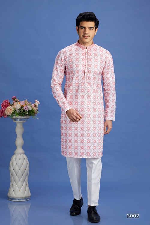 Men's Pink Pintux Straight Kurta