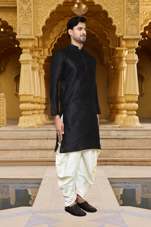 Men's Wear Black Art Silk Dhoti Kurta