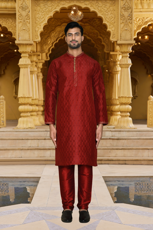 Men's Maroon Embroidered Kurta Churidar