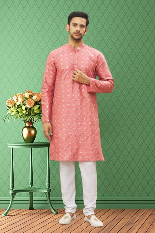 MEN'S PINK EMBROIDERED KURTA PAJAMA