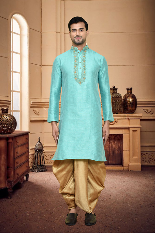 Men's Light Blue Art Silk Dhoti Kurta