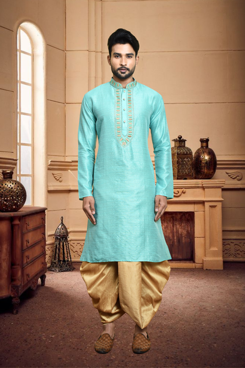 Men's Light Blue Art Silk Dhoti Kurta