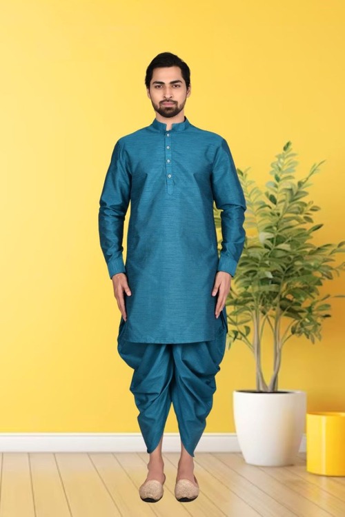 Blue Plain Dupion Silk Full Sleeve Kurta And Dhoti Set For Men