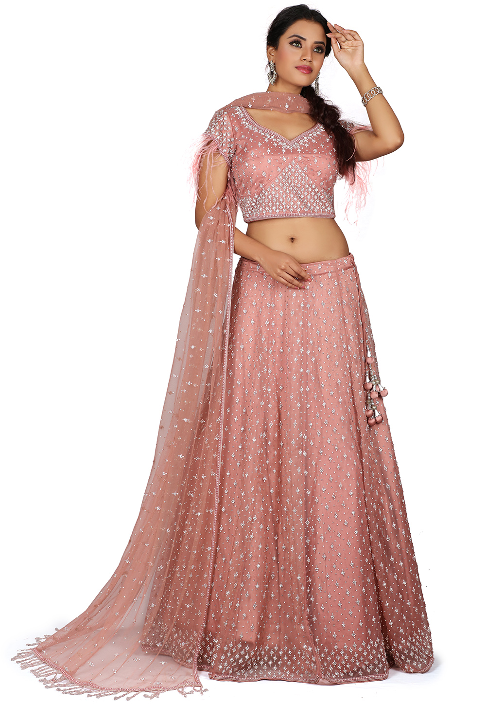 Hand Embroidered Net Lehenga in Peach