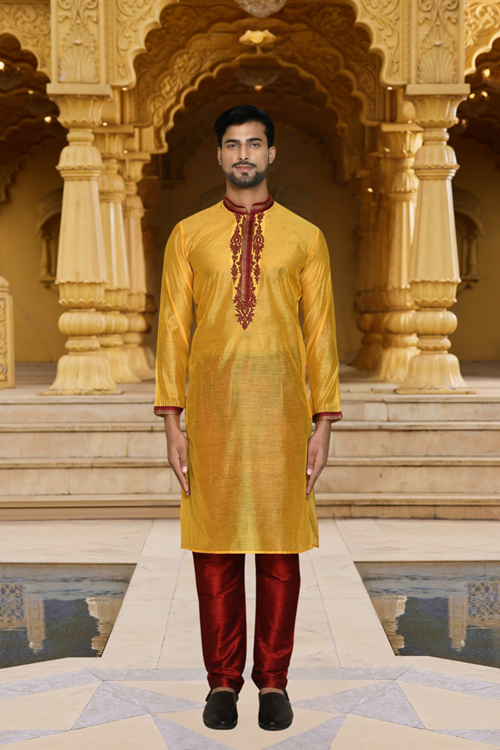 Men's Yellow Embroidered Kurta Churidar