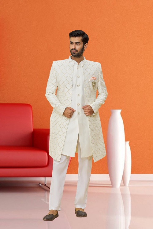 MEN'S LEMON YELLOW WOVEN SHERWANI WITH JACKET