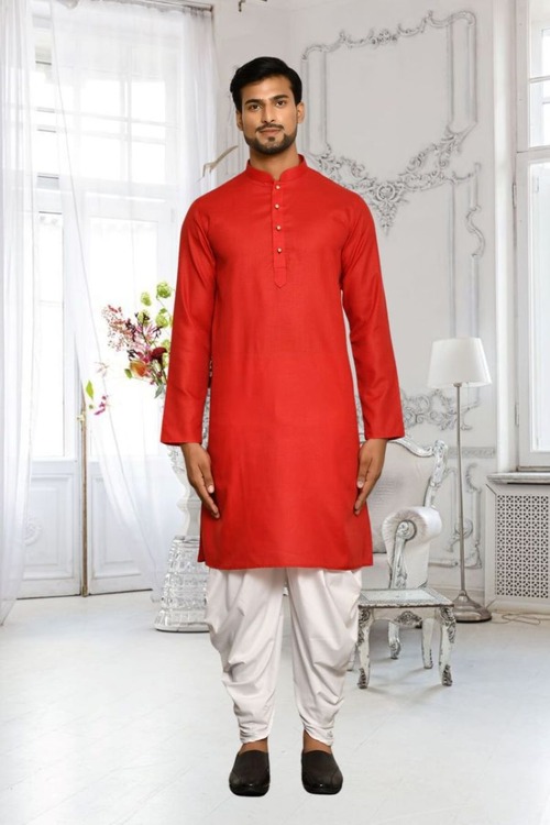 Red Plain Cotton Full Sleeve Kurta And Dhoti Set For Men