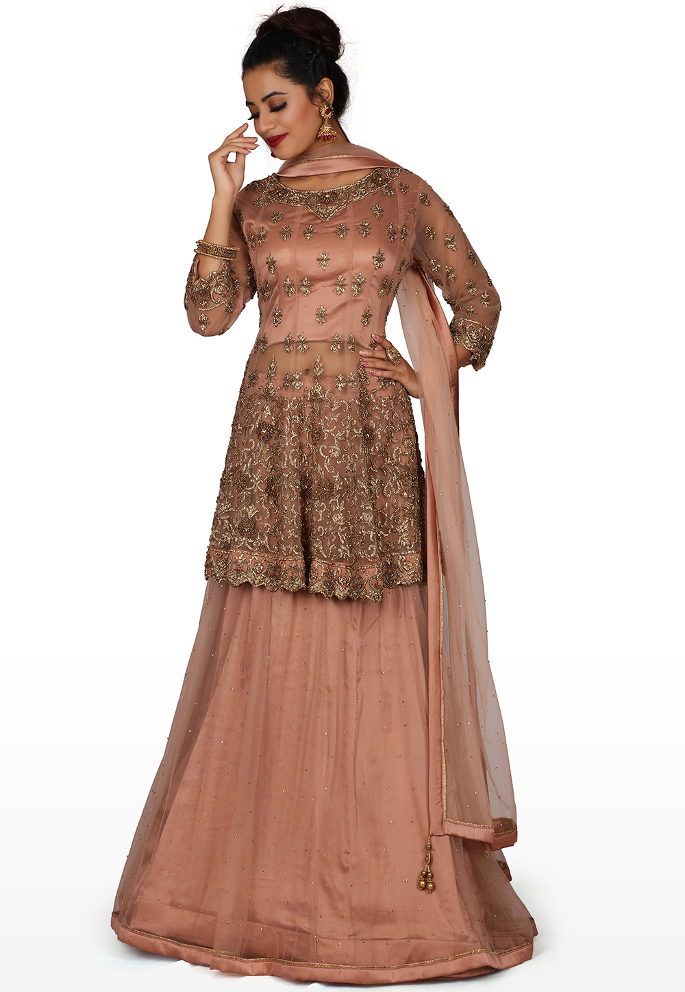 Hand Embroidered Net Lehenga in Dark Peach