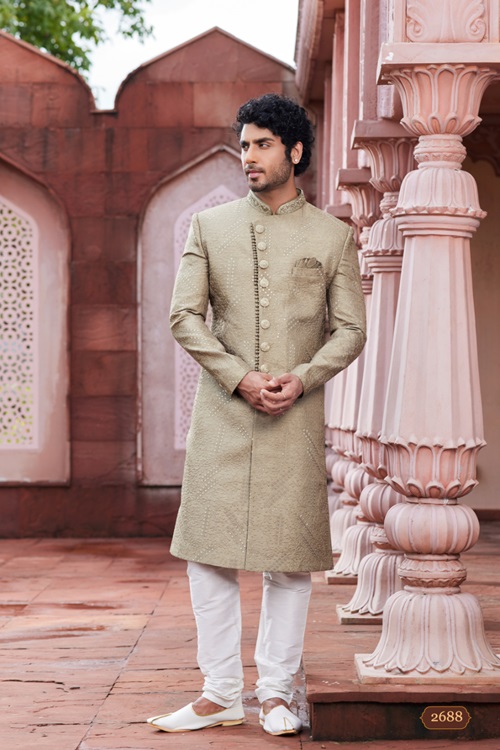 Men's Peach Embroidered Sherwani