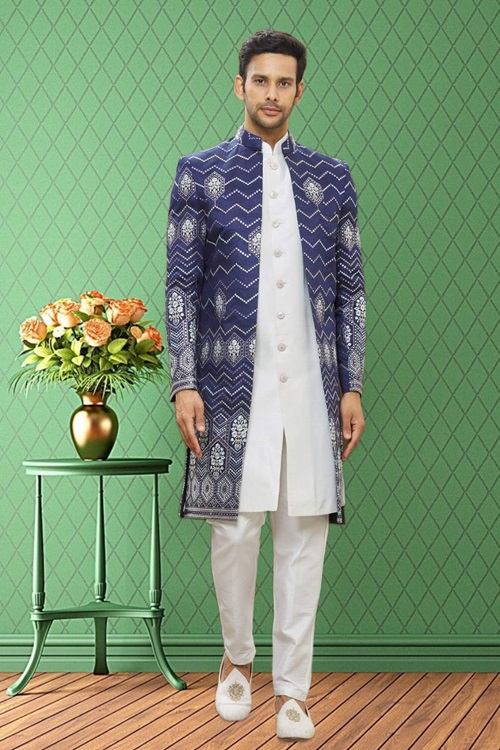 MEN'S BLUE EMBROIDERED SHERWANI