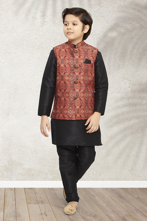 Kids Maroon Jacket Kurta