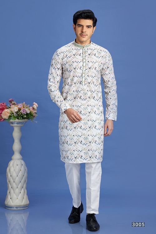 Men's Multi-Colored Blue Pintux Straight Kurta