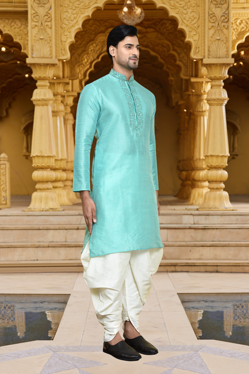 Men's Wear Sky Blue Art Silk Dhoti Kurta