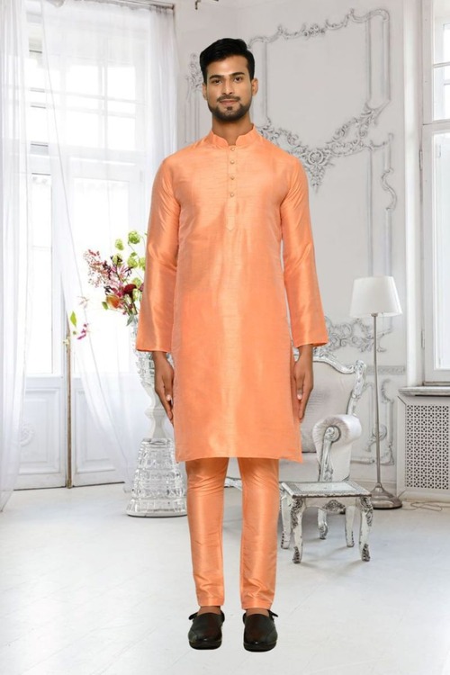 Peach Dupion Silk Plain Full Sleeve Kurta And Churidar Set For Men