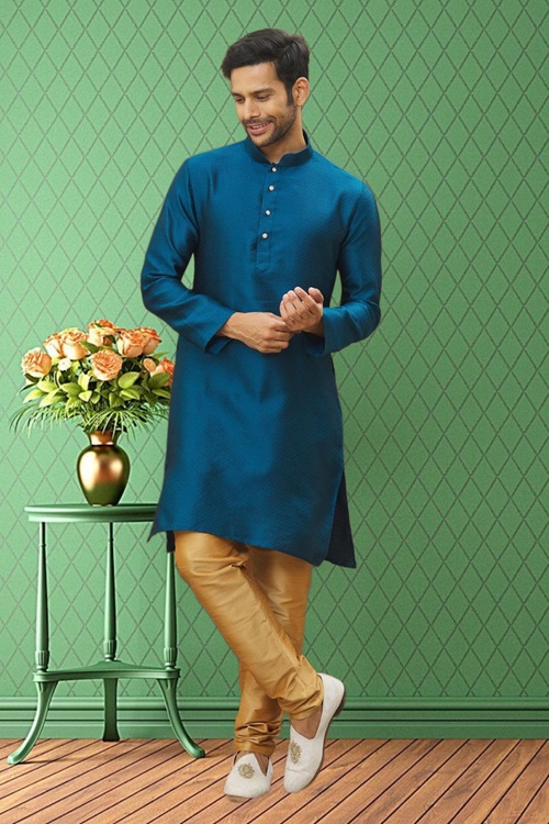 MEN'S TURQUOISE WOVEN KURTA PAJAMA