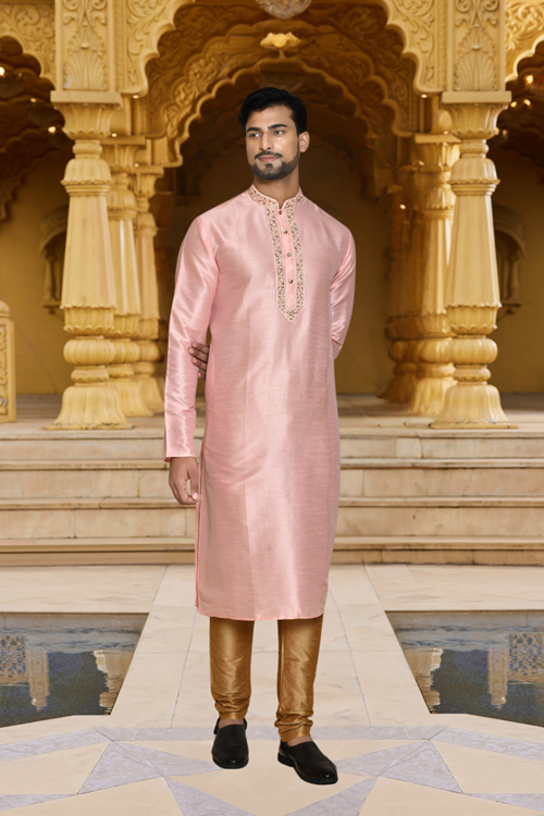 Men's Pink Embroidered Kurta Churidar