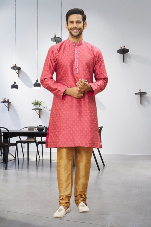 MEN'S PINK WOVEN KURTA PAJAMA