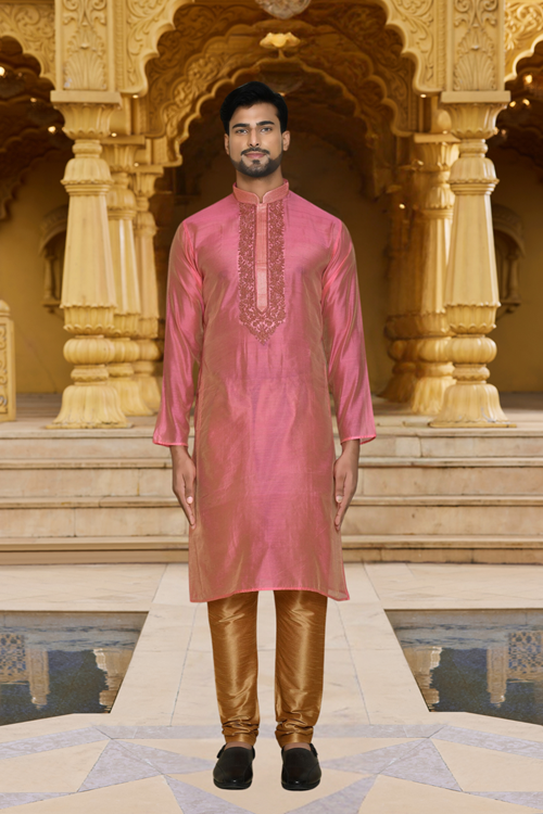 Men's Pink Embroidered Kurta Churidar