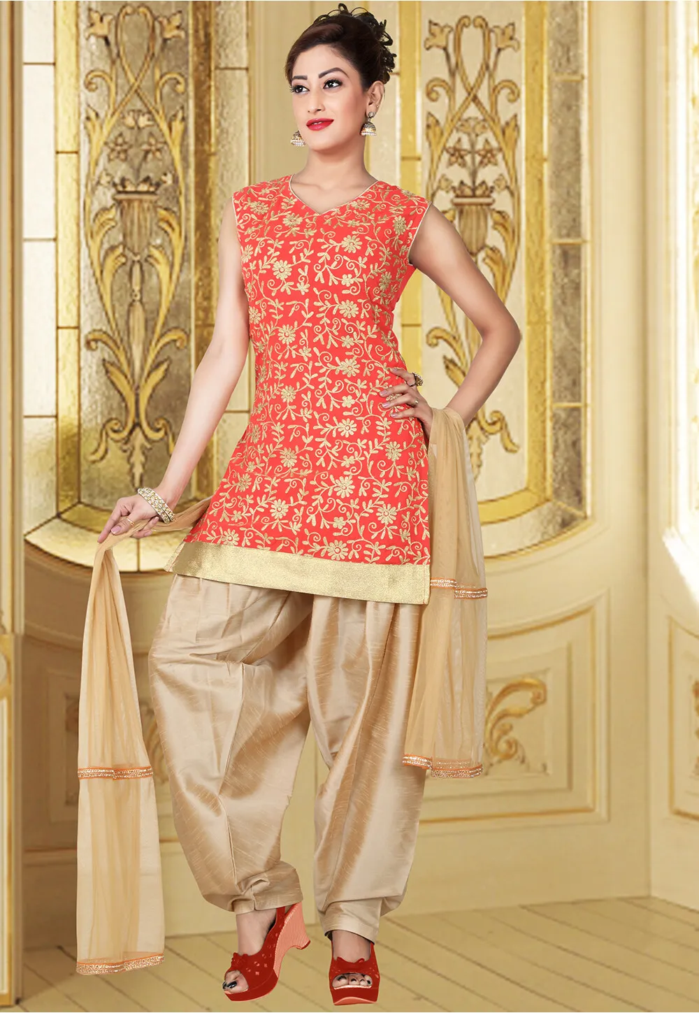 Aari Embroidered Pure Georgette Patiala Suit in Orange