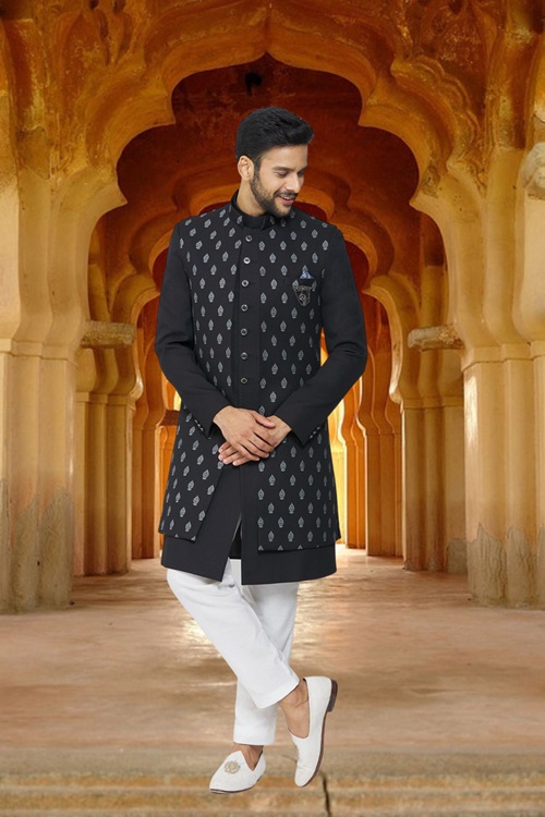 Men's Grey Printed Sherwani