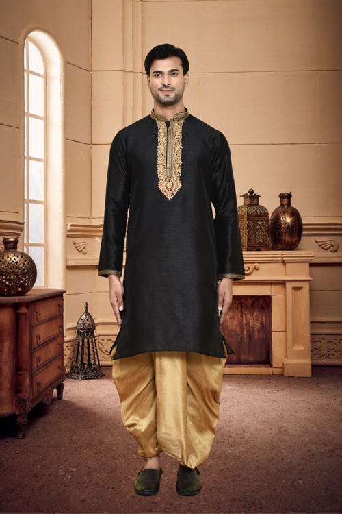 Men's Black Art Silk Dhoti Kurta