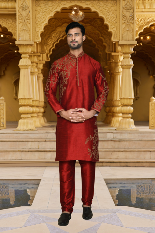 Men's Maroon Embroidered Kurta Churidar