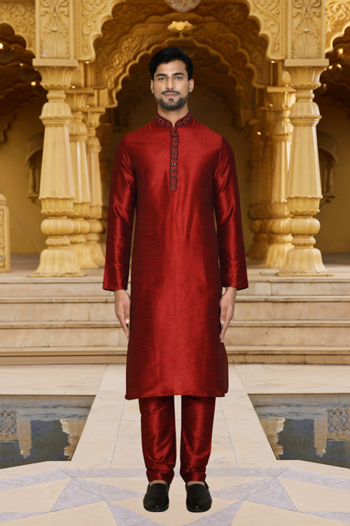 Men's Maroon Embroidered Kurta Churidar