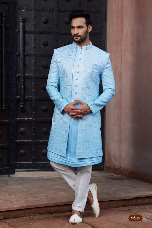 Sophisticated Men's Sky Blue Computer Thread Work Art Silk Sherwani Set