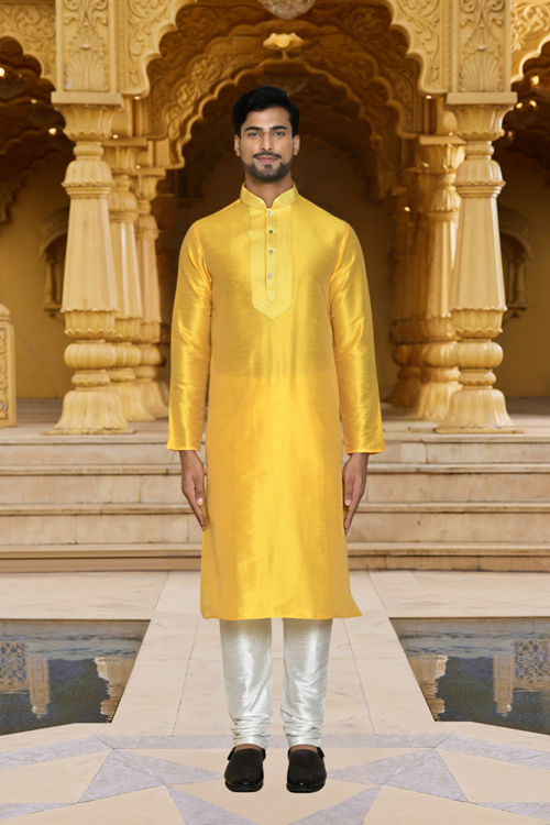 Men's Yellow Woven Kurta Churidar