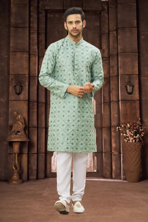 MEN'S LIGHT GREEN EMBROIDERED KURTA PAJAMA