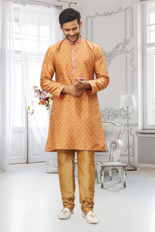 MEN'S MUSTARD WOVEN KURTA PAJAMA