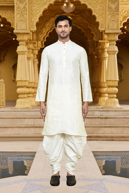 Men's Wear White Art Silk Dhoti Kurta