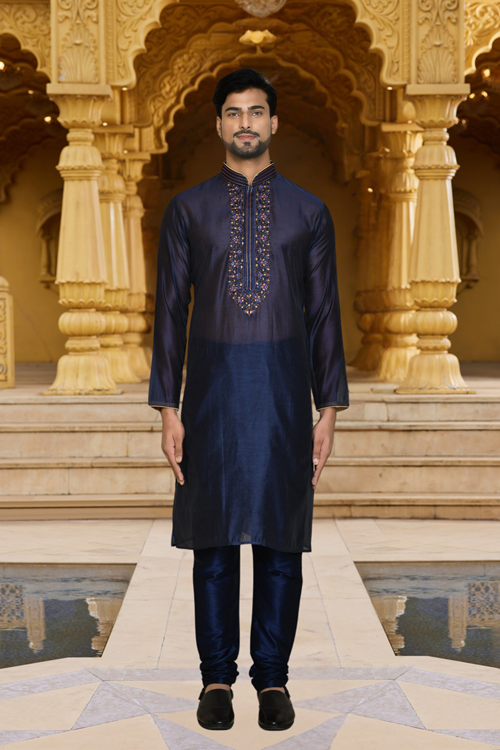 Men's Blue Embroidered Kurta Churidar