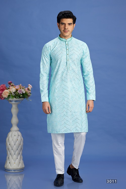 Men's Light Teal Green Pintux Straight Kurta