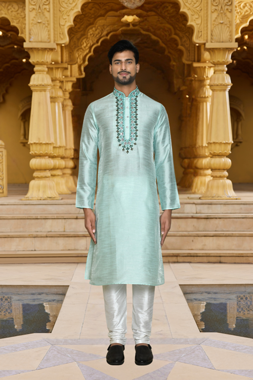 Men's Blue Embroidered Kurta Churidar