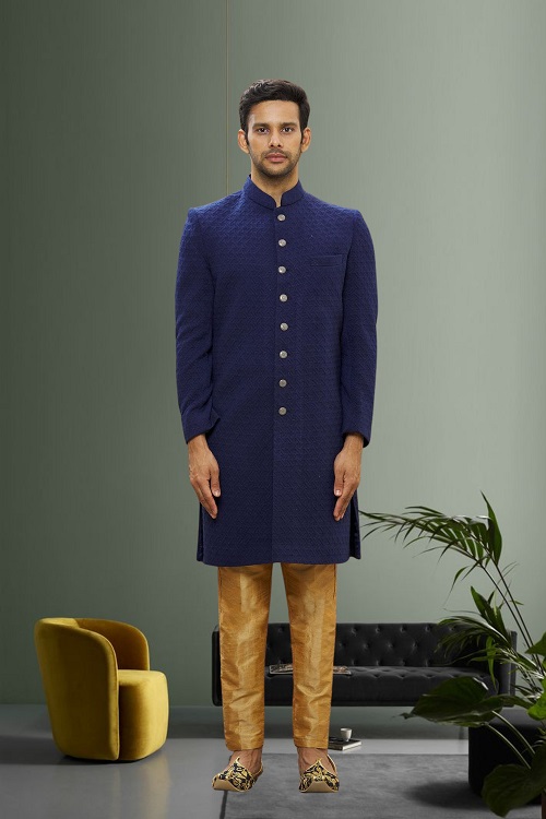 MEN'S BLUE PLAIN SHERWANI