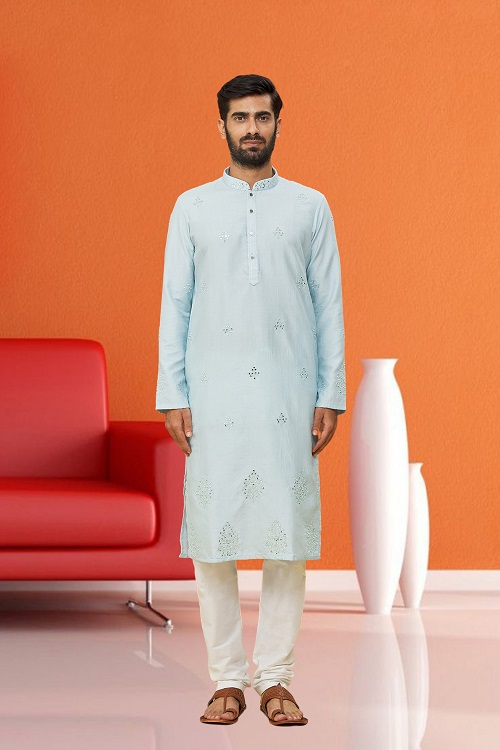 Men's Sky Blue Embroidered Kurta Pajama