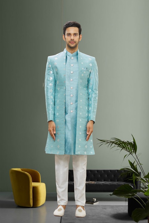 MEN'S SKY BLUE EMBROIDERED SHERWANI