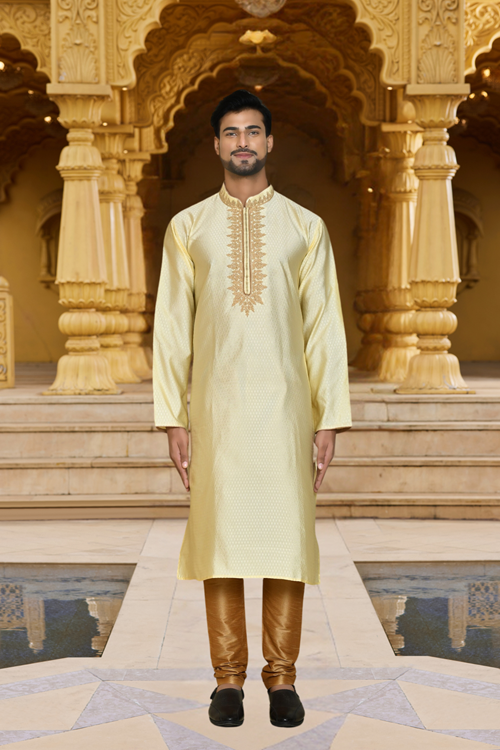 Men's Beige Embroidered Kurta Churidar