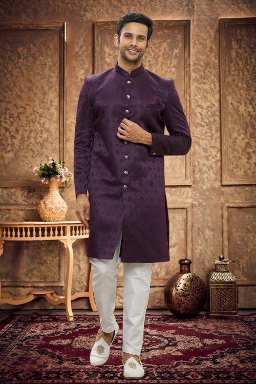 MEN'S PURPLE WOVEN SHERWANI