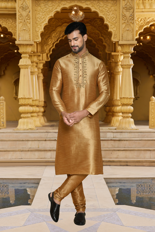 Men's Gold Embroidered Kurta Churidar