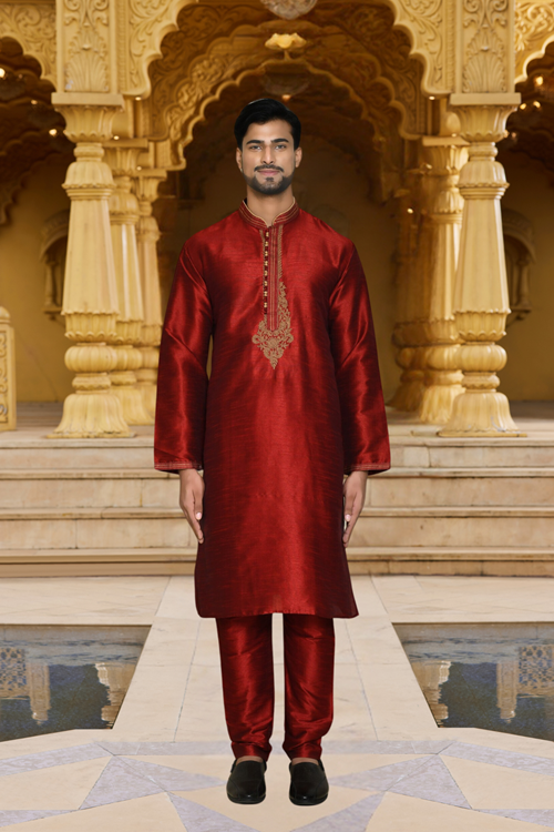 Men's Maroon Embroidered Kurta Churidar